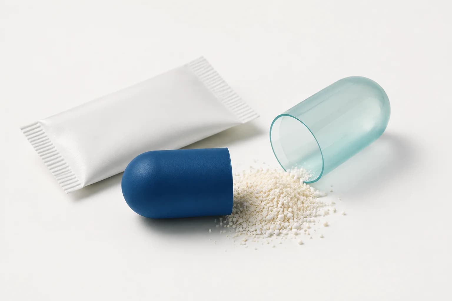 膠囊、原料粉末及無品牌袋裝包材的產品劑型示意圖