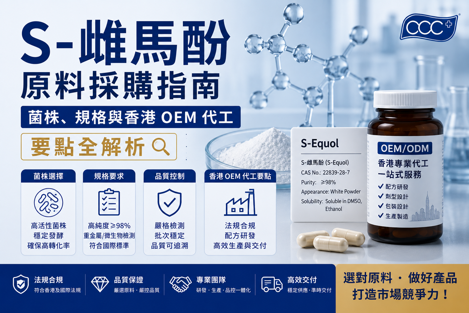 S-雌馬酚原料採購指南：菌株、規格與香港 OEM 代工要點全解析